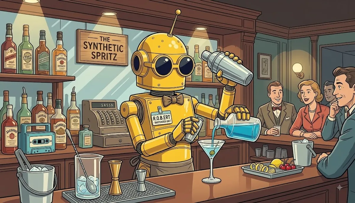 Un robot fa il barista dietro il bancone: serve i clienti al posto di una persona.