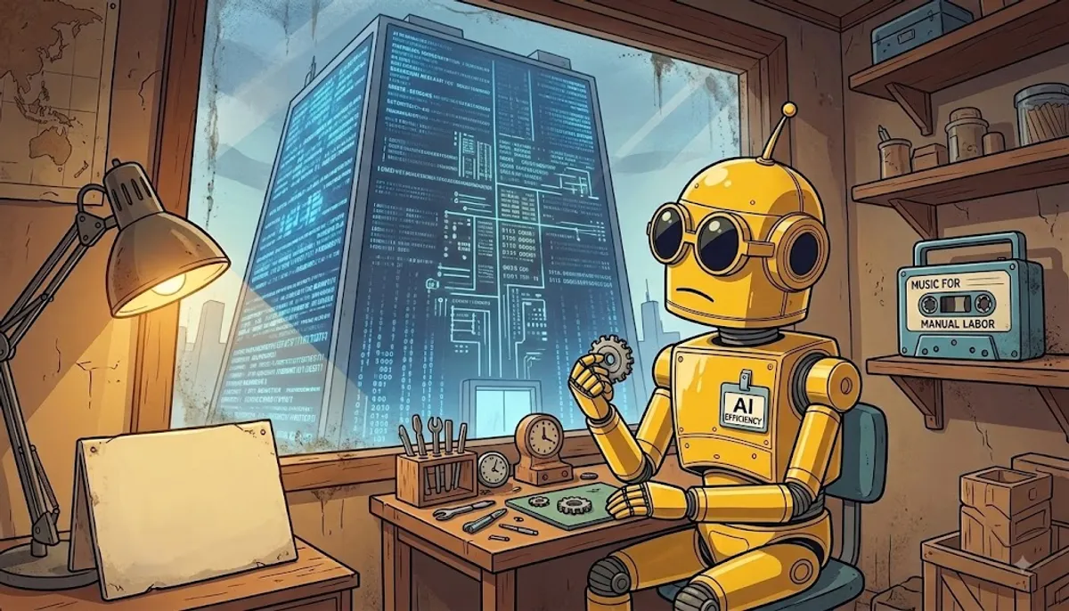 Un robot alla scrivania smonta e ripara componenti, con l’etichetta “AI efficiency”.