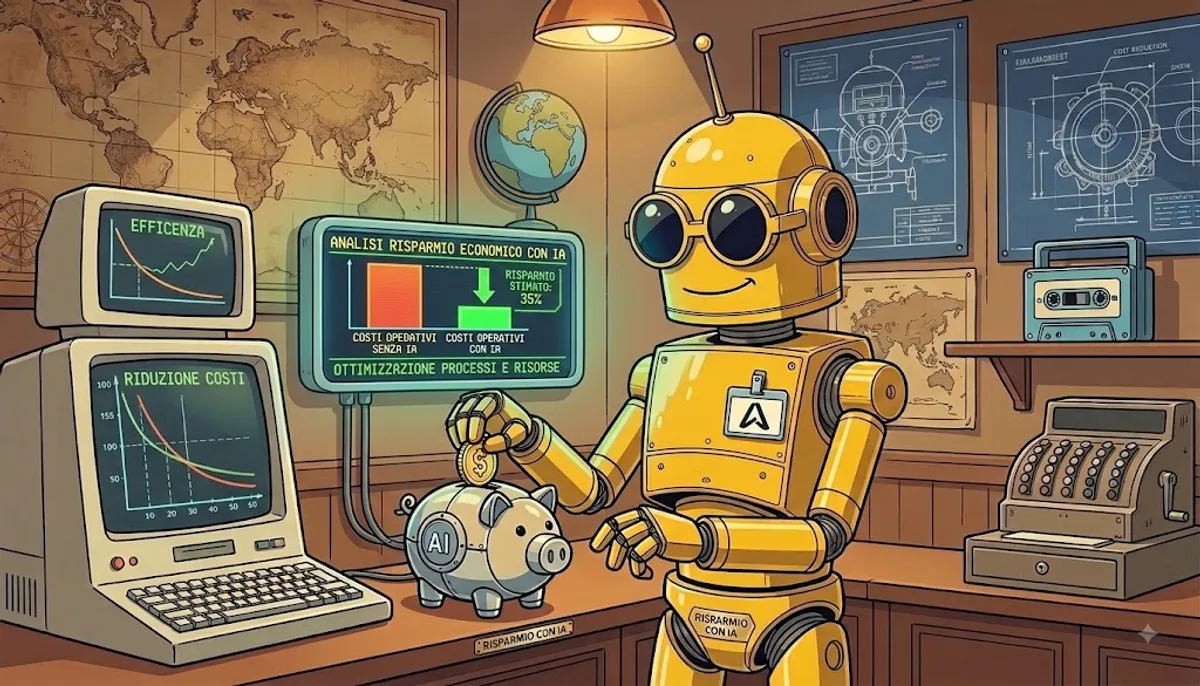 Un robot mette monete nel salvadanaio davanti a un grafico di riduzione costi.